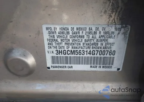 2004 Honda Accord 2.4 Lx из США, поврежденный, VIN 3HGCM56314G700760